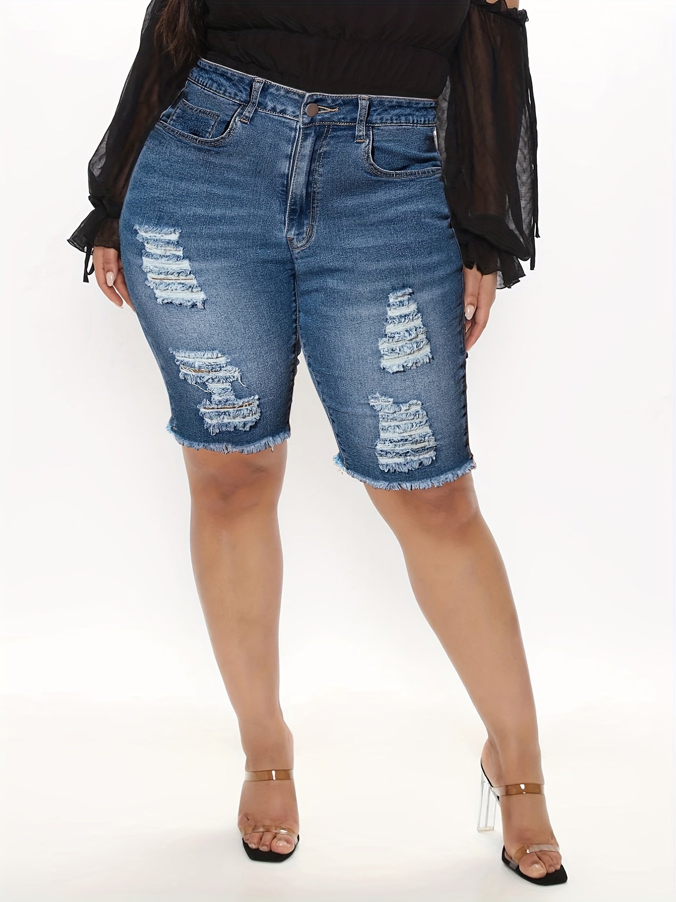 Casual Denim Shorts Women's Plus Washed Ripped Button Fly Fringe Trim