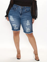 Casual Denim Shorts Women's Plus Washed Ripped Button Fly Fringe Trim