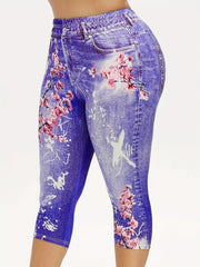 Floral & Denim Print Capris Leggings Casual Crop Leggings