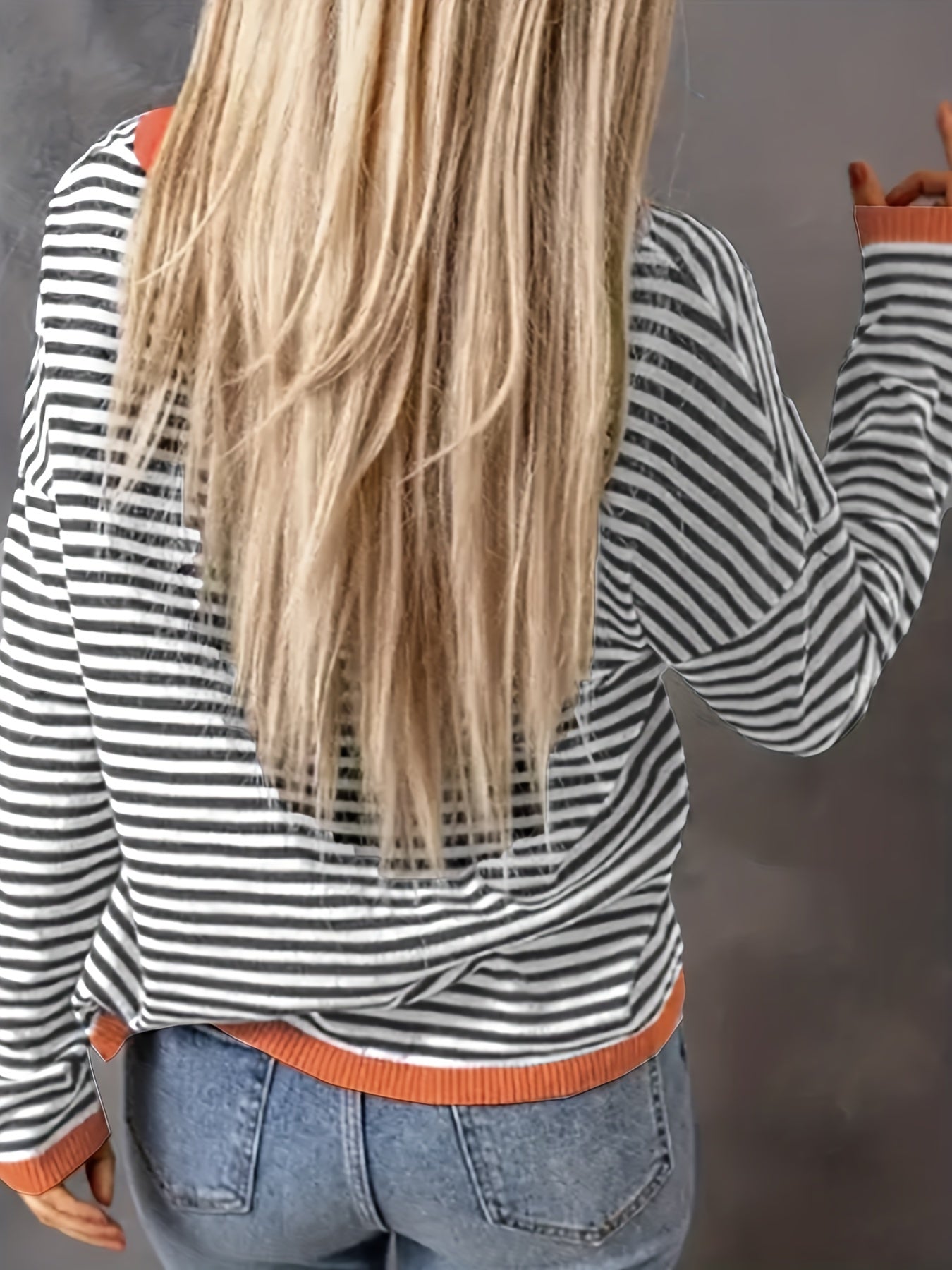 Striped Print Knit Sweater Crew Neck Drop Shoulder Sweater