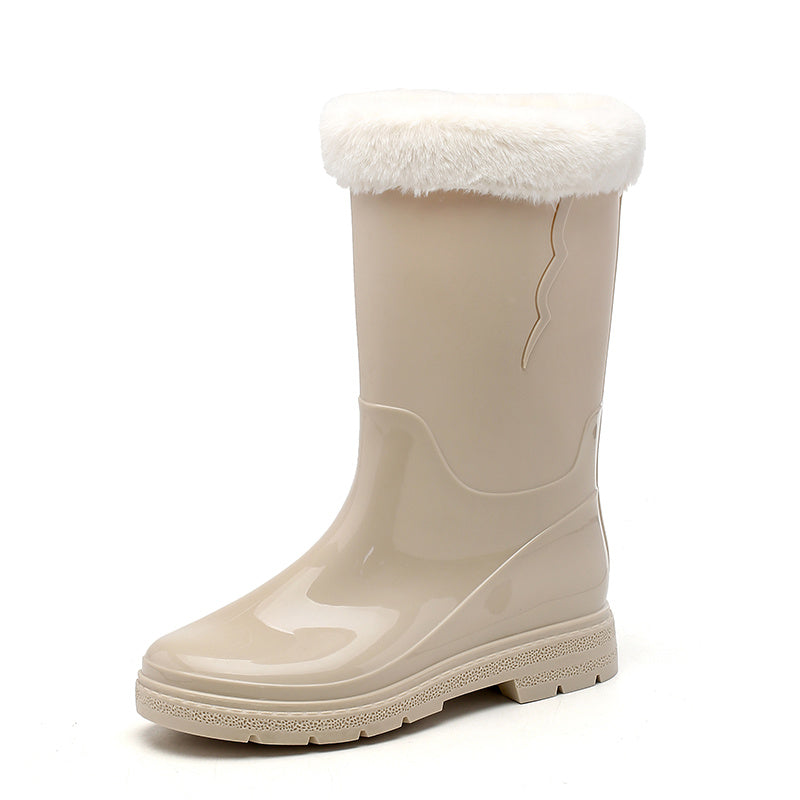 Women's Fleece Lined Rain Boots Waterproof Mid Calf Rubber Shoes