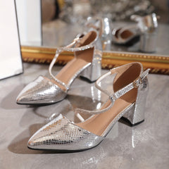 Rhinestone Chunky Heels Point Toe Buckle Strap Pumps