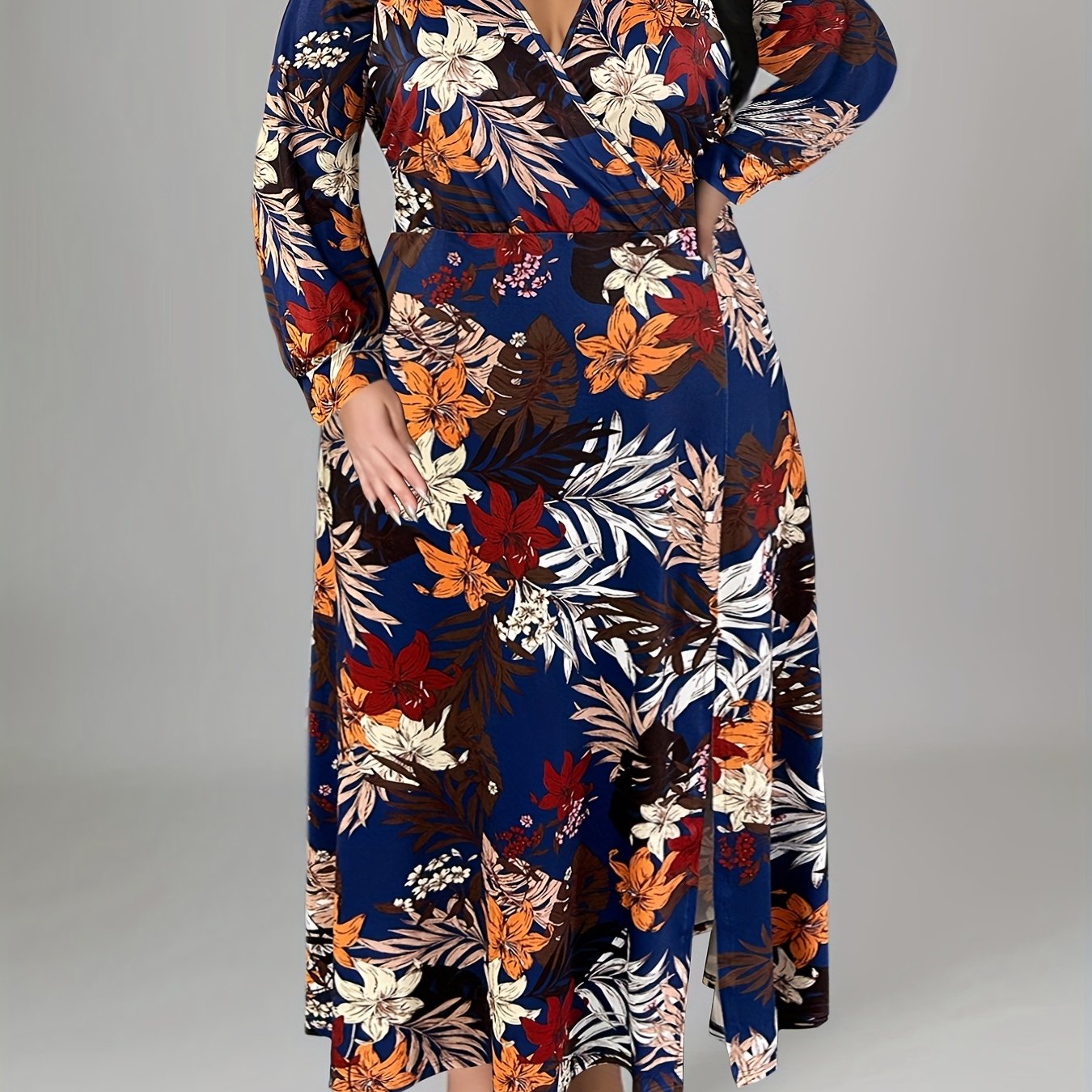 Plus Casual Dress Women's Floral Print Long Sleeve Maxi Dress