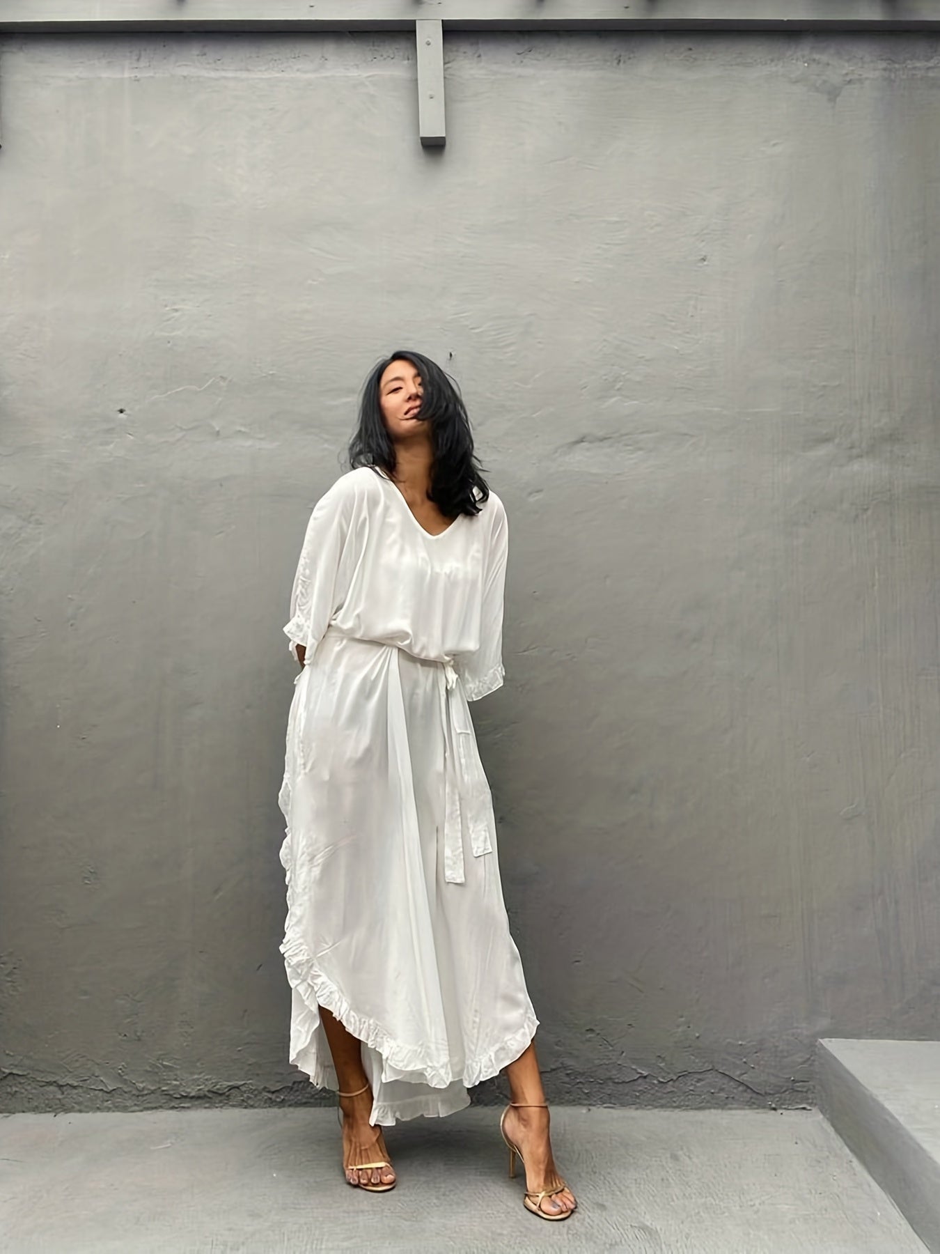 Ruffle Trim Bat Sleeve Cover Up Dress