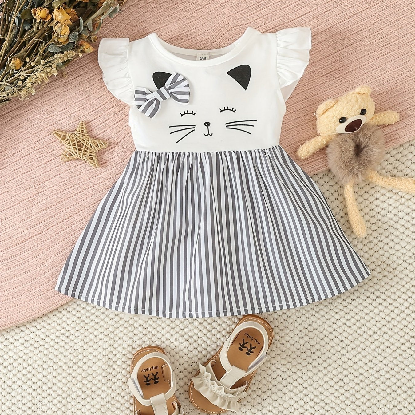 Baby Girl Cartoon Bow Striped Flutter Sleeve Dress