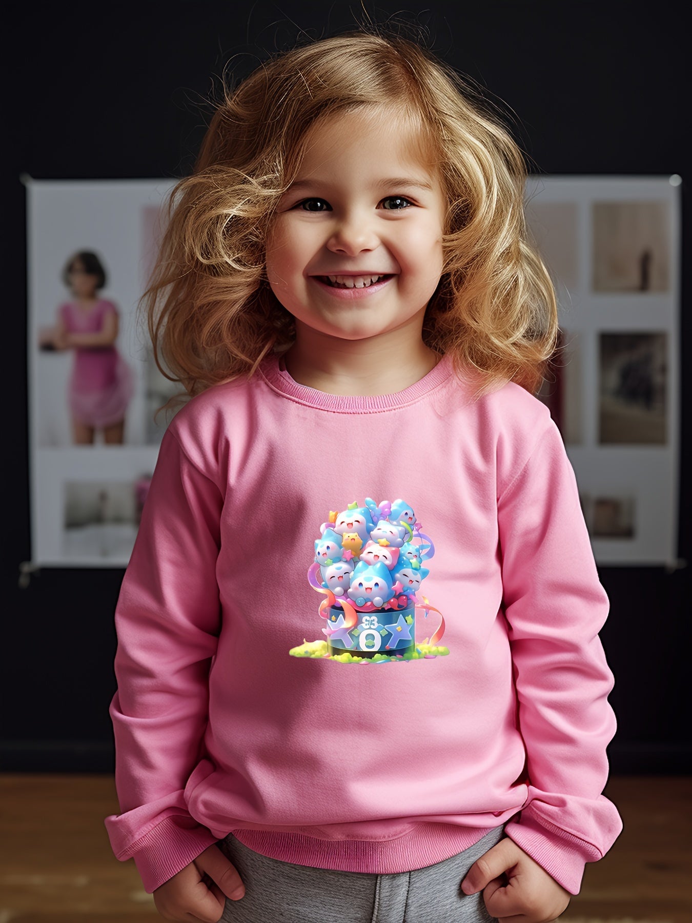Cartoon Animals Cup Print Girls Sweatshirt Long Sleeve Crew Neck Tops