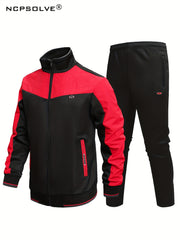 Men's Sports Suit Classic Stand Collar Jacket & Stretch Waist Pants