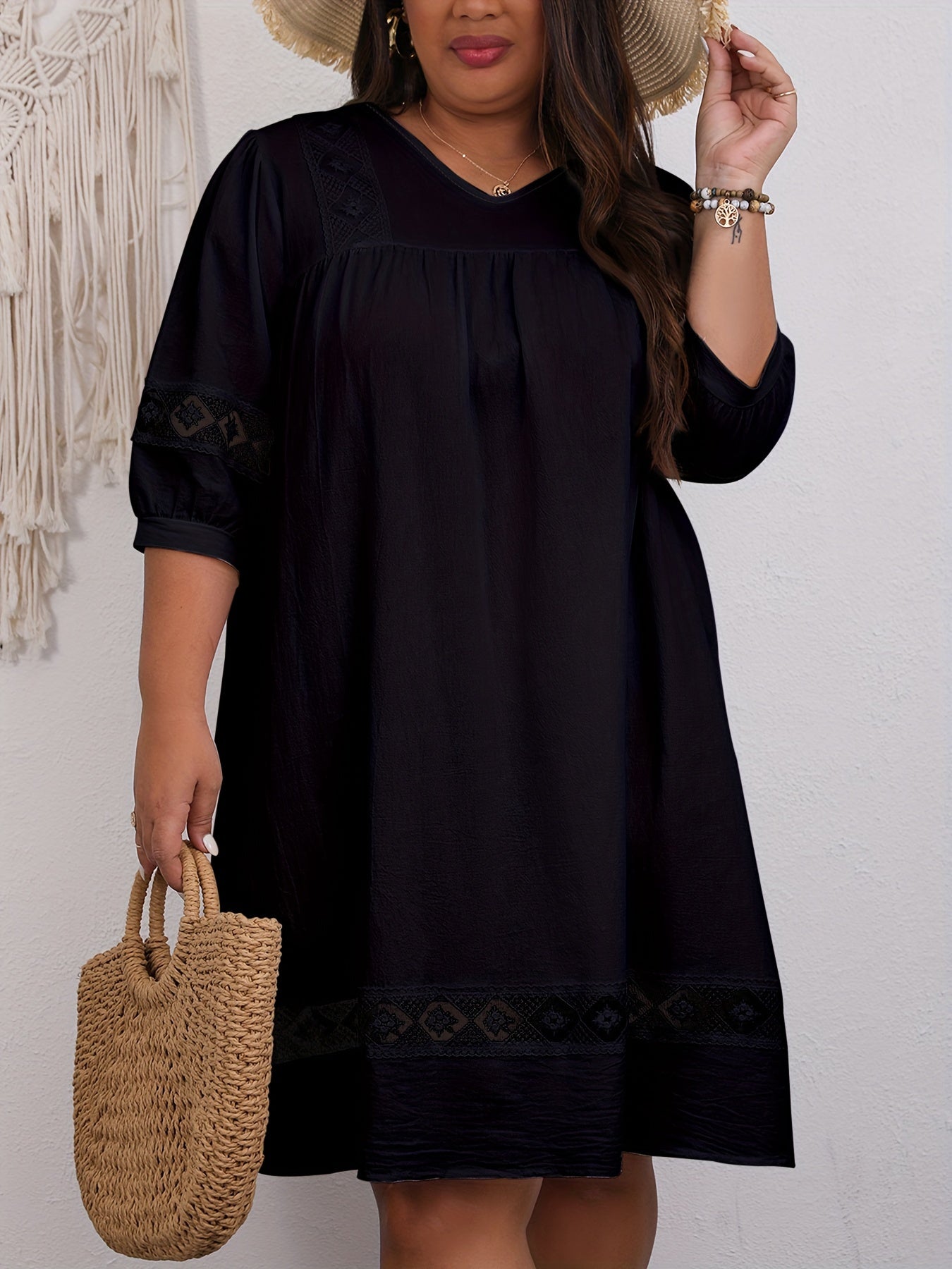 Casual Dress Women's Plus Solid Lace Panel Sleeve Loose Dress