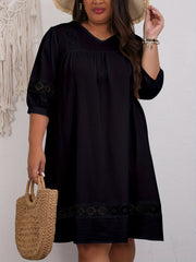 Casual Dress Women's Plus Solid Lace Panel Sleeve Loose Dress