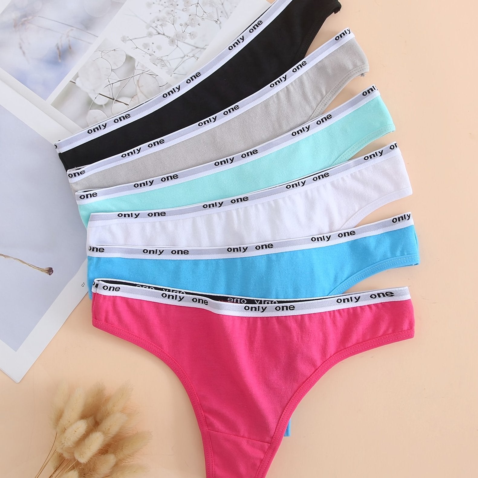 6 Pack Cotton Thong Panties, Solid Alphabet Waistline, Women's Lingerie