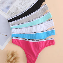 6 Pack Cotton Thong Panties, Solid Alphabet Waistline, Women's Lingerie
