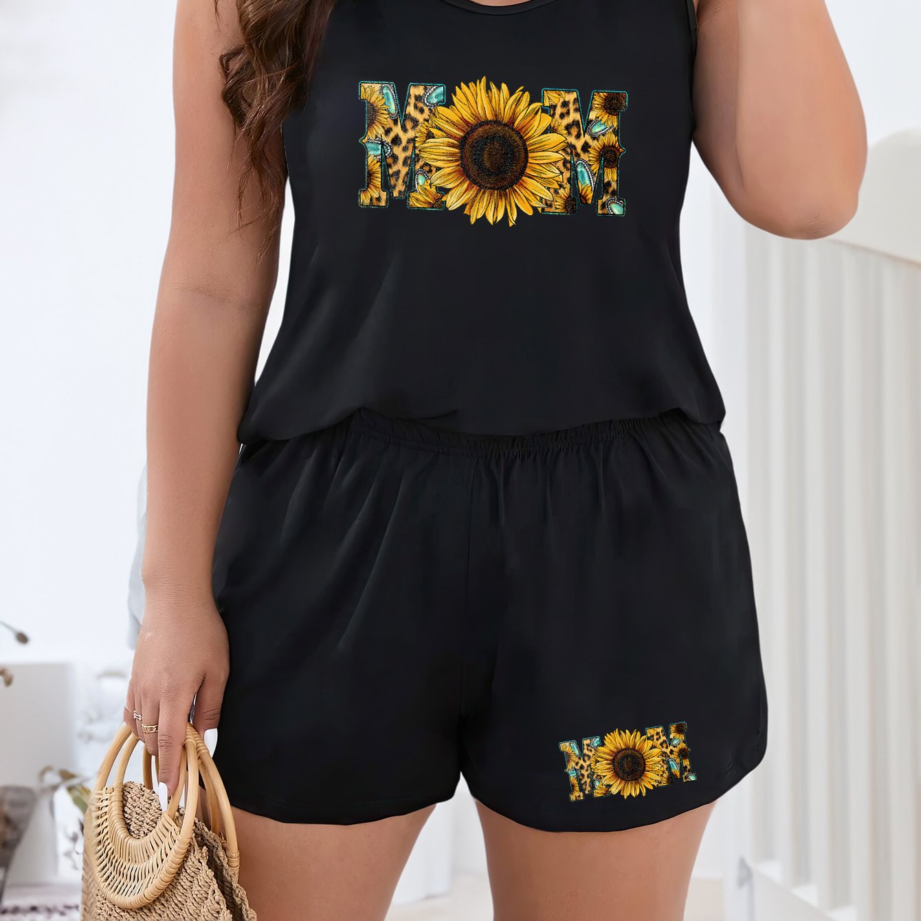 Leopard & Sunflower Print Tank Top & Shorts Pajama Set