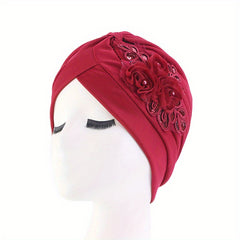 Sequin Flower Decor Turban Cap Pleated Bonnet Head Wrap
