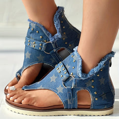 Women's Denim Sandals Back Zipper Open Toe Thong Sandals