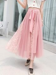 Lace Pleated Maxi Skirt with High Waist