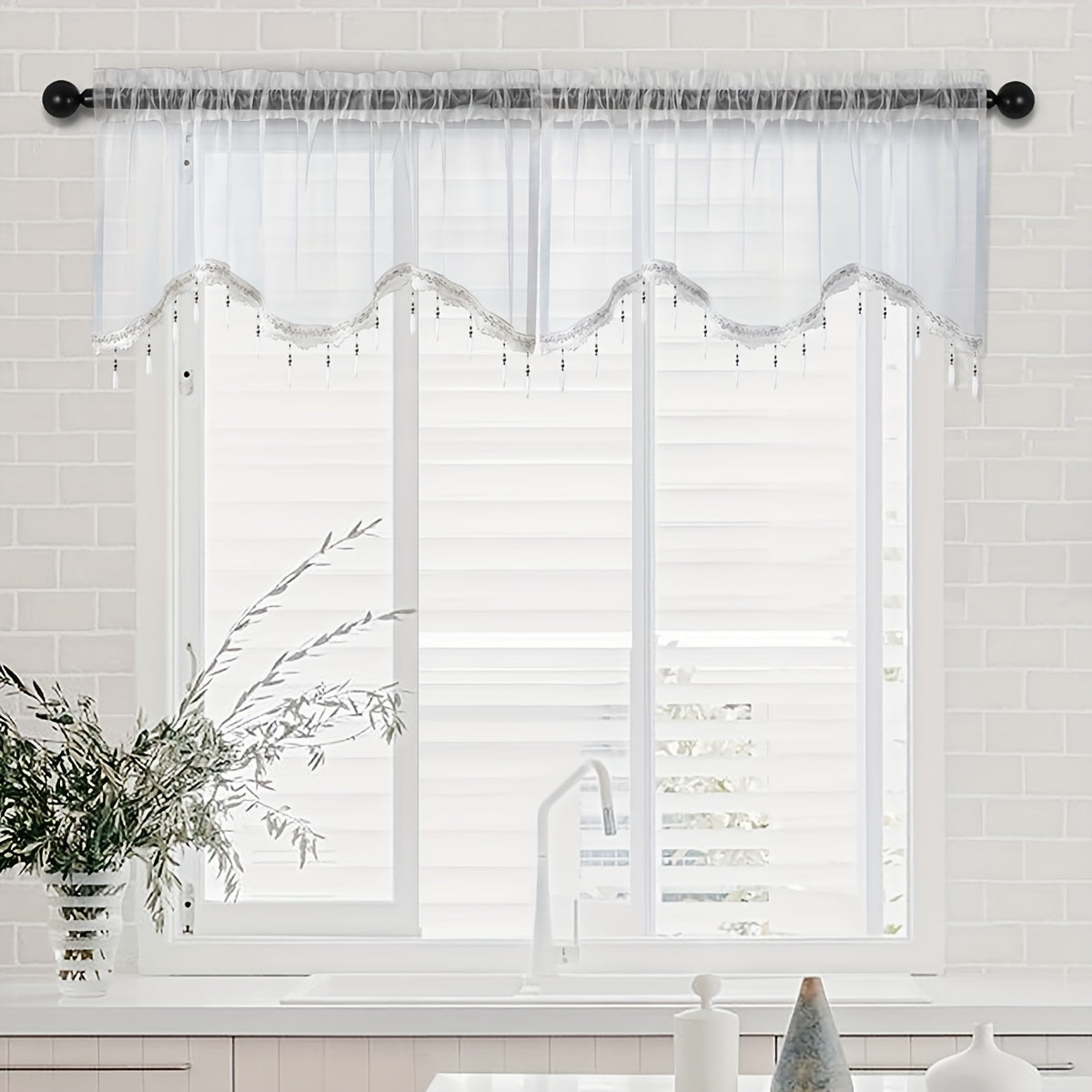 Modern S-Shaped Sheer Curtain Valance with Bead Edge - Home Decor