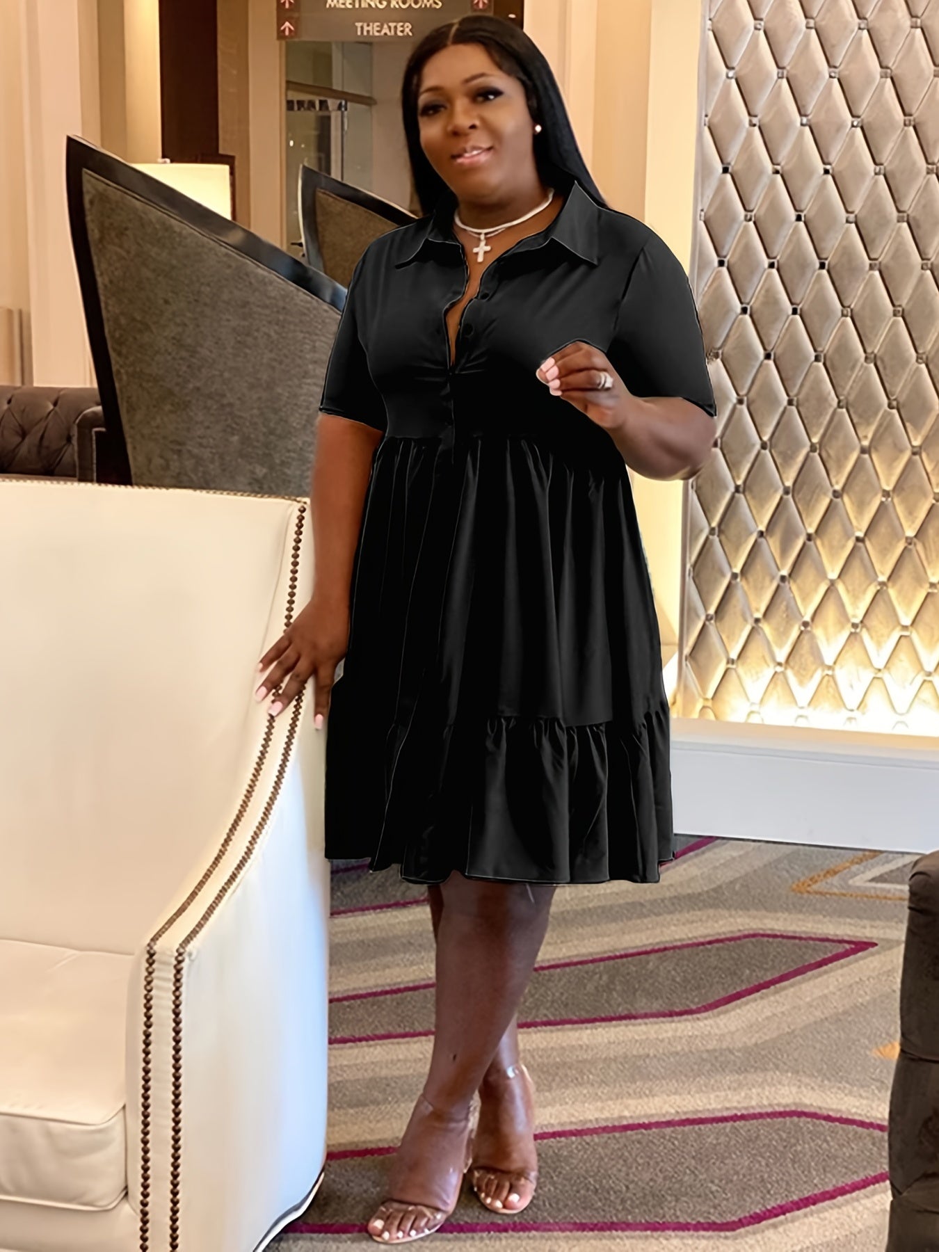 Button Front Midi Dress Women's Solid Short Sleeve Shirt Dress