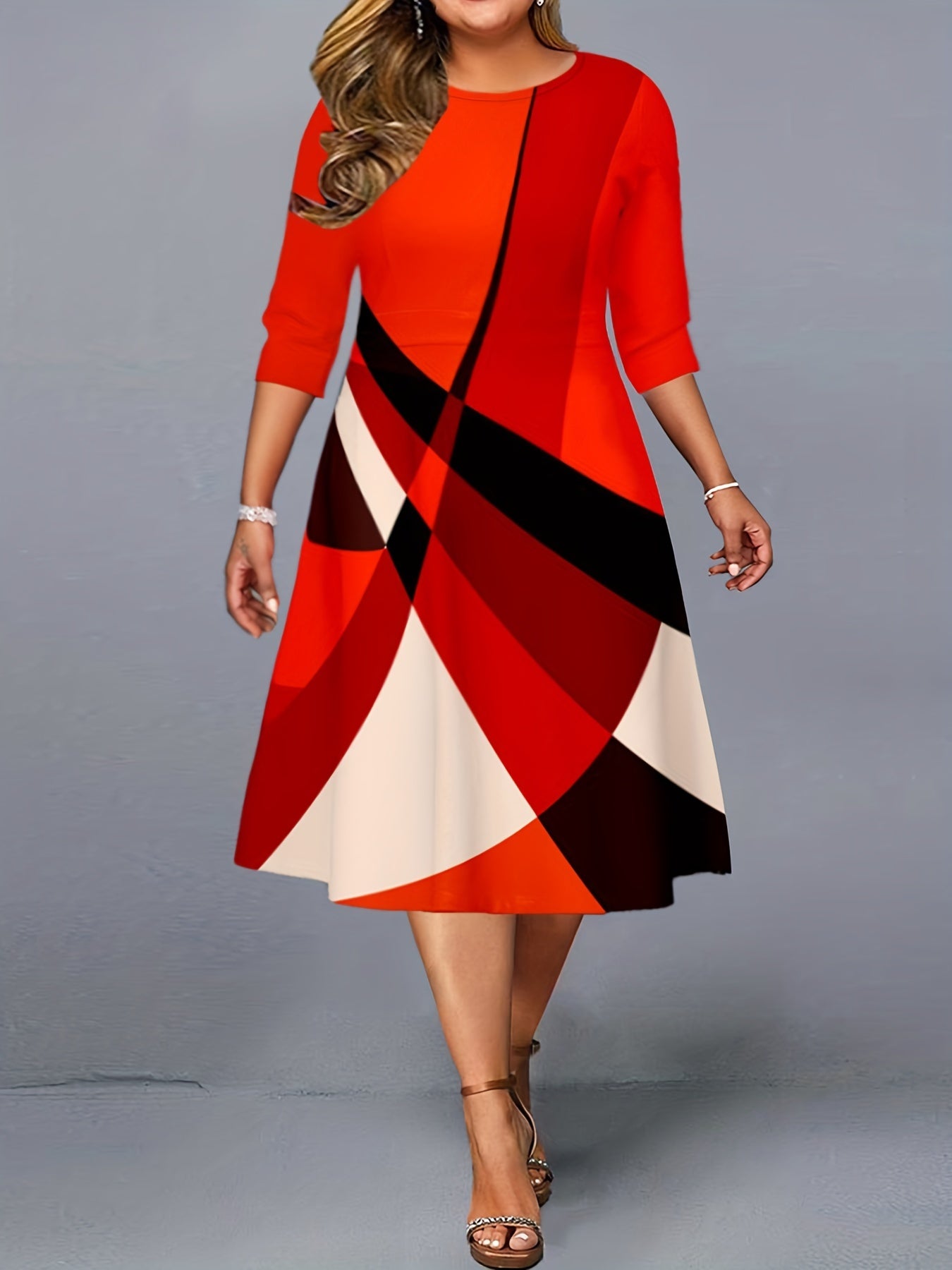 Colorblock Geometric Print Midi Dress