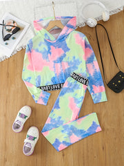 Girl's Tie Dye 2pcs Hoodie & Sweatpants Set LOVE Print Long Sleeve Top