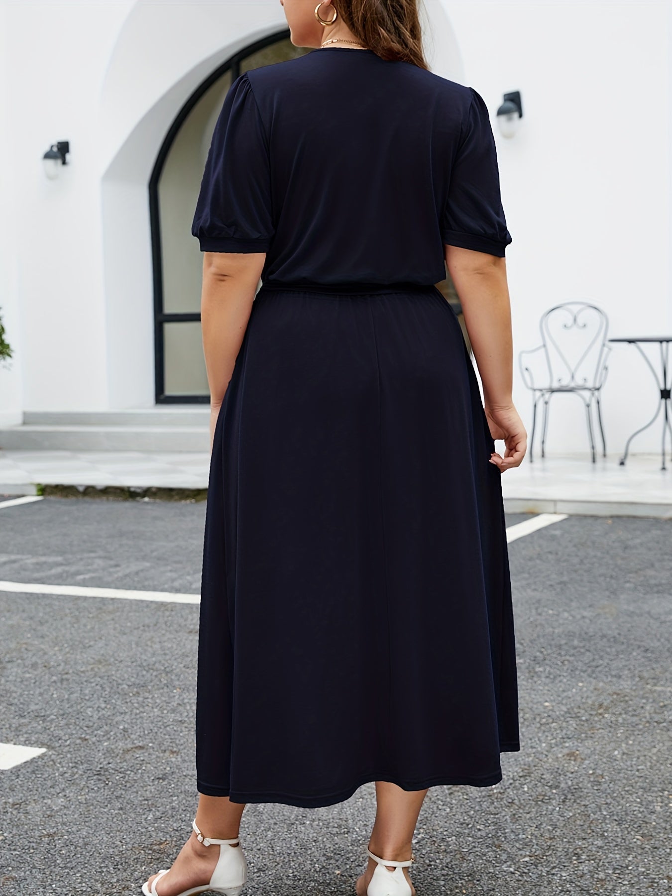 Contrast Lace Short Sleeve V Neck Belted Dress