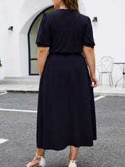 Contrast Lace Short Sleeve V Neck Belted Dress