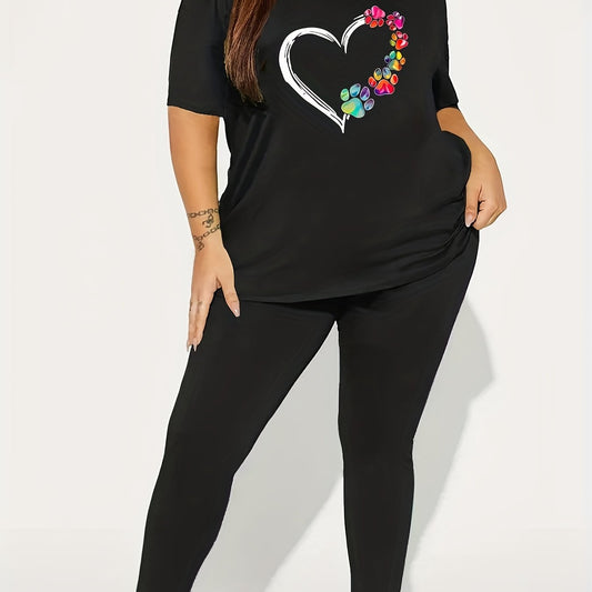 Women's Plus Paw Heart Print Tee & Leggings 2 Piece Set