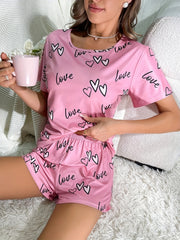 Heart Print Lounge Set Crew Neck Short Sleeve Top & Elastic Waistband Shorts