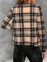 Plaid Print Crew Neck Jacket Casual Open Front Long Sleeve Outwear