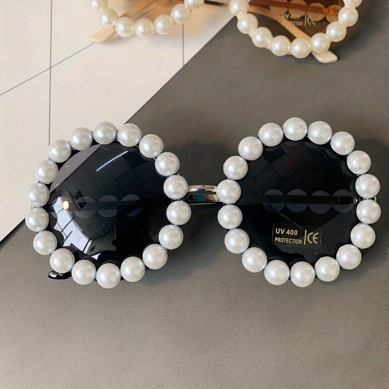 Round Frame Sunglasses Faux Pearl Decor Gradient Lens Glasses UV400
