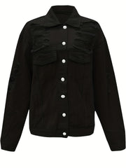 Plus Size Skull Print Ripped Denim Jacket