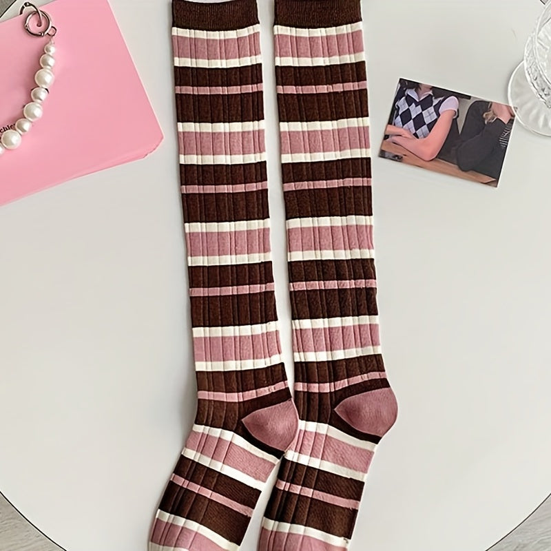3 Pairs Colorblock Striped Calf Socks College Style Knee High Socks Women's