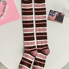 3 Pairs Colorblock Striped Calf Socks College Style Knee High Socks Women's