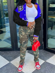 B Print Crop Varsity Jacket Casual Outerwear Women's Clothing