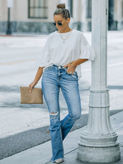 Ripped Button Fly Flared Leg Jeans