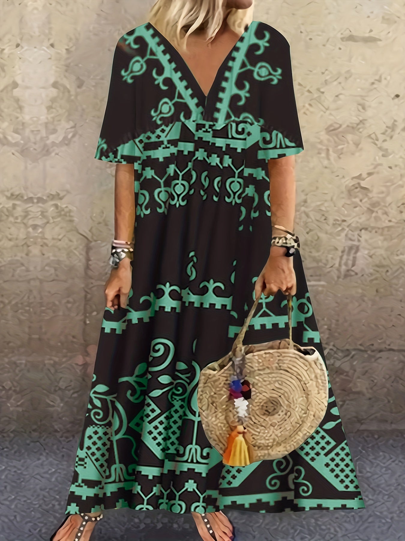 Boho Dress Women's Plus Geometric Print V Neck Short Sleeve Maxi Dress