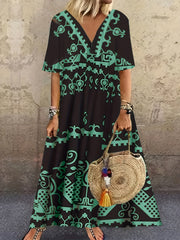Boho Dress Women's Plus Geometric Print V Neck Short Sleeve Maxi Dress