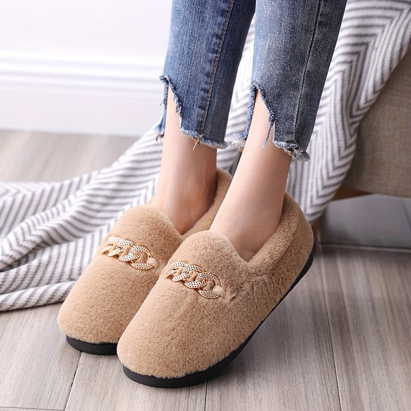 Women's Plush Chain Decor Slip On Slippers