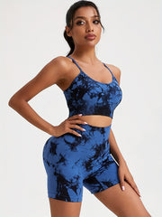 3pcs Tie Dye Cami Sports Bra & High Waist Shorts And Leggings Set