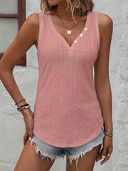 Eyelet Tank Top V Neck Button Decor Summer Sleeveless