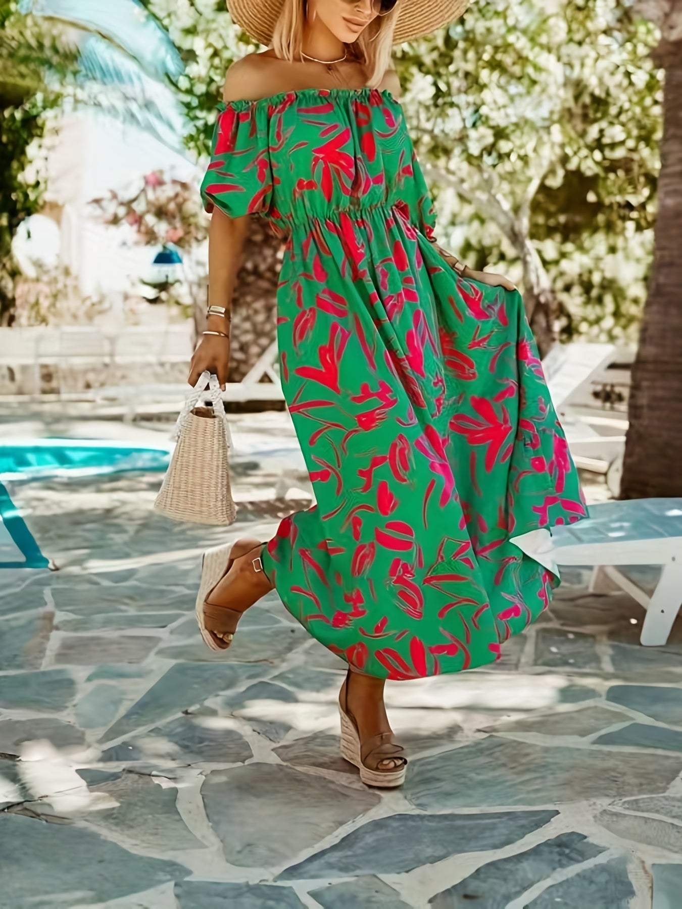 Graphic Print Off Shoulder Maxi Dress High Waist Vacation Puff Sleeve