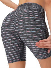 Seersucker Fabric Sports Shorts High Waist Yoga Pants Women's Activewear