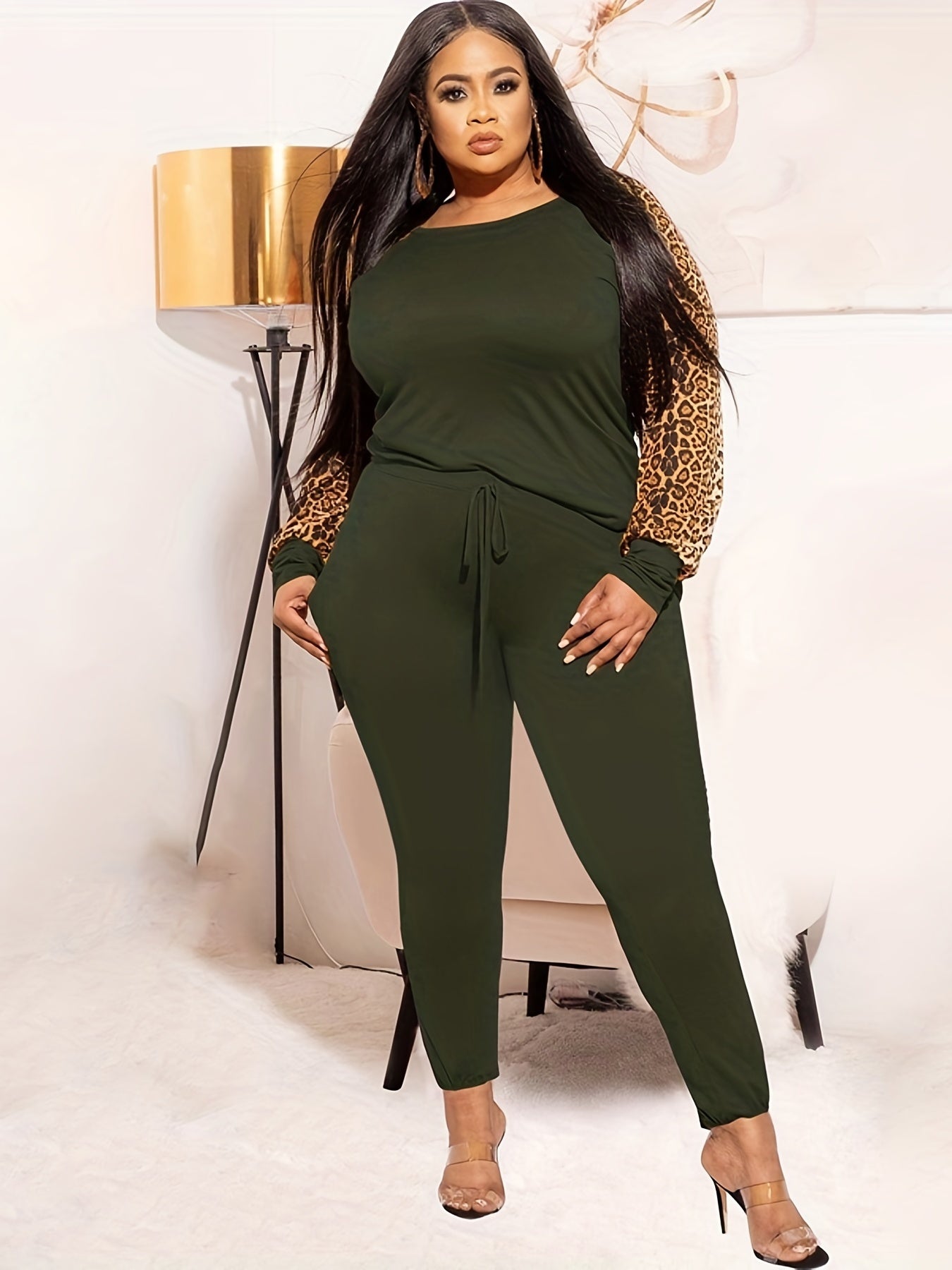 Colorblock Leopard Print Top & Leggings Set