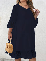 Casual Dress Women's Plus Lace Sleeve V Neck Smock Dress
