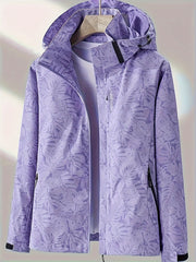 Leaf Print Outdoor Jacket With Removable Hood Women's Windproof