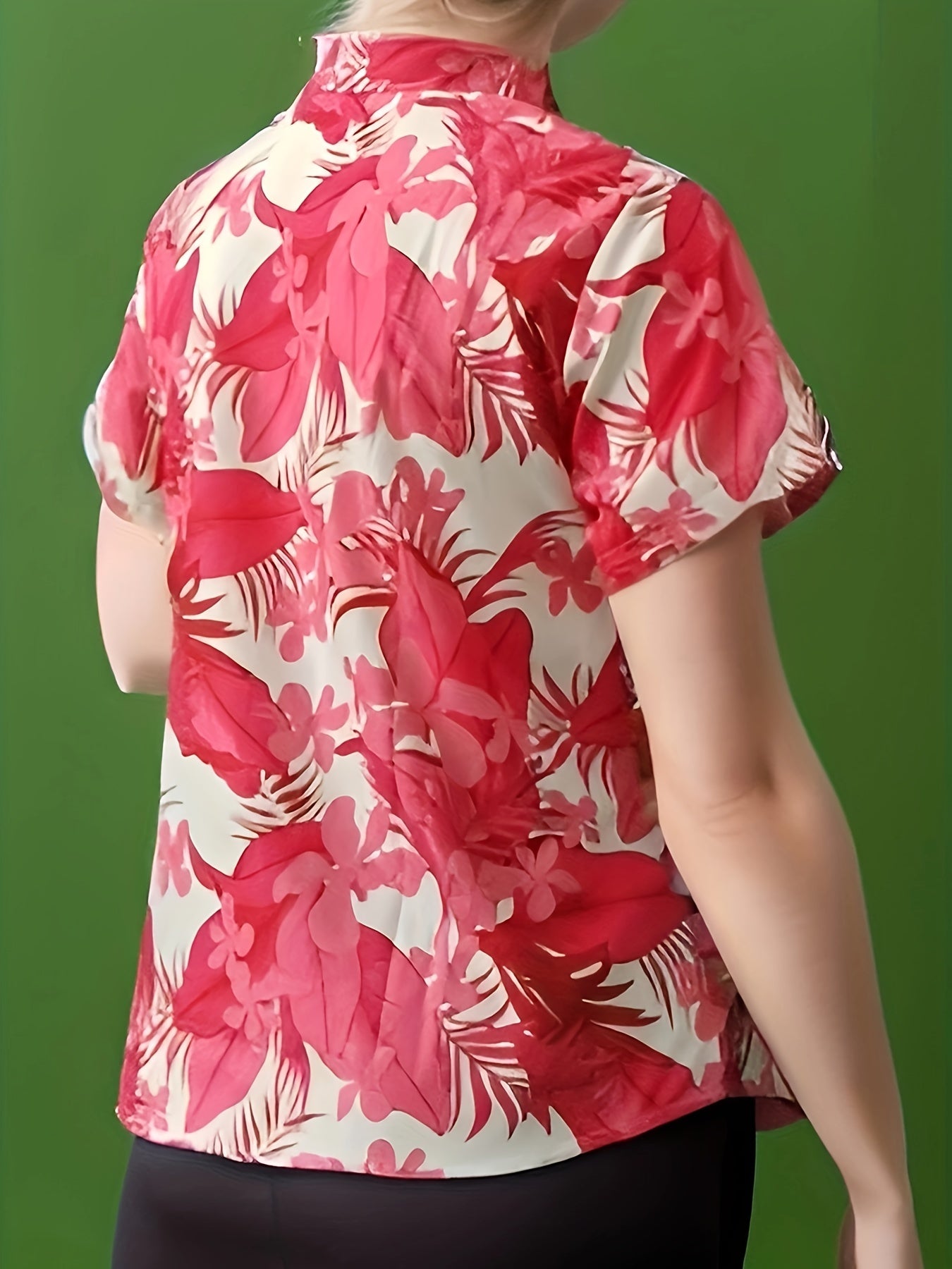 Leaf Print Button Up Short Sleeve Blouse