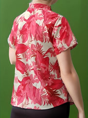 Leaf Print Button Up Short Sleeve Blouse