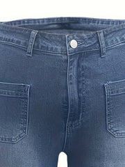 Flared Leg Jeans Washed Button Fly High Stretch