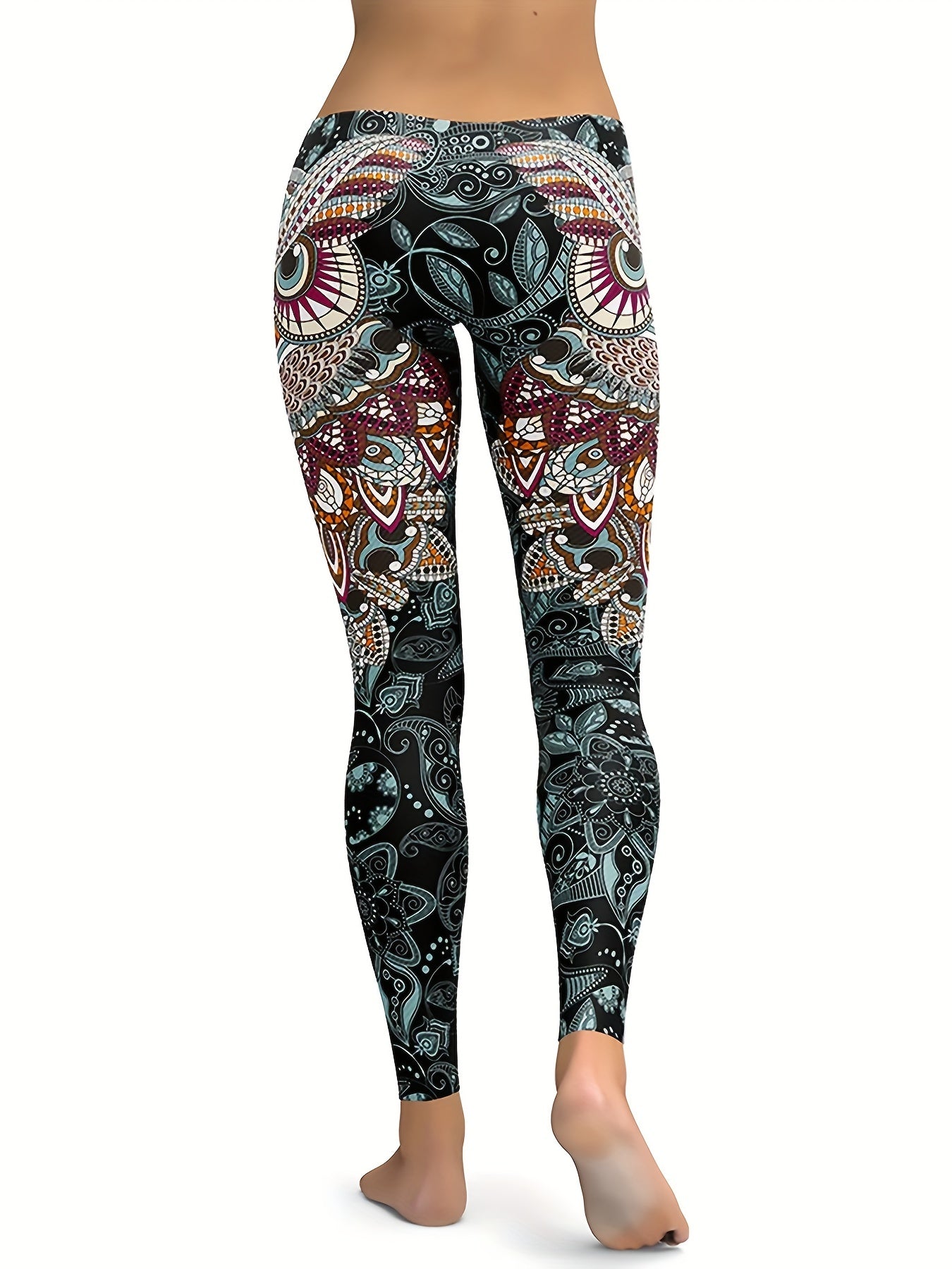 Women's Feather & Eye Print Yoga Leggings Mid Waist High Stretch Gym Pants
