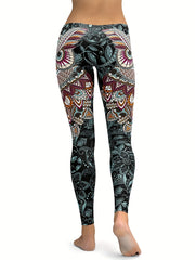 Women's Feather & Eye Print Yoga Leggings Mid Waist High Stretch Gym Pants