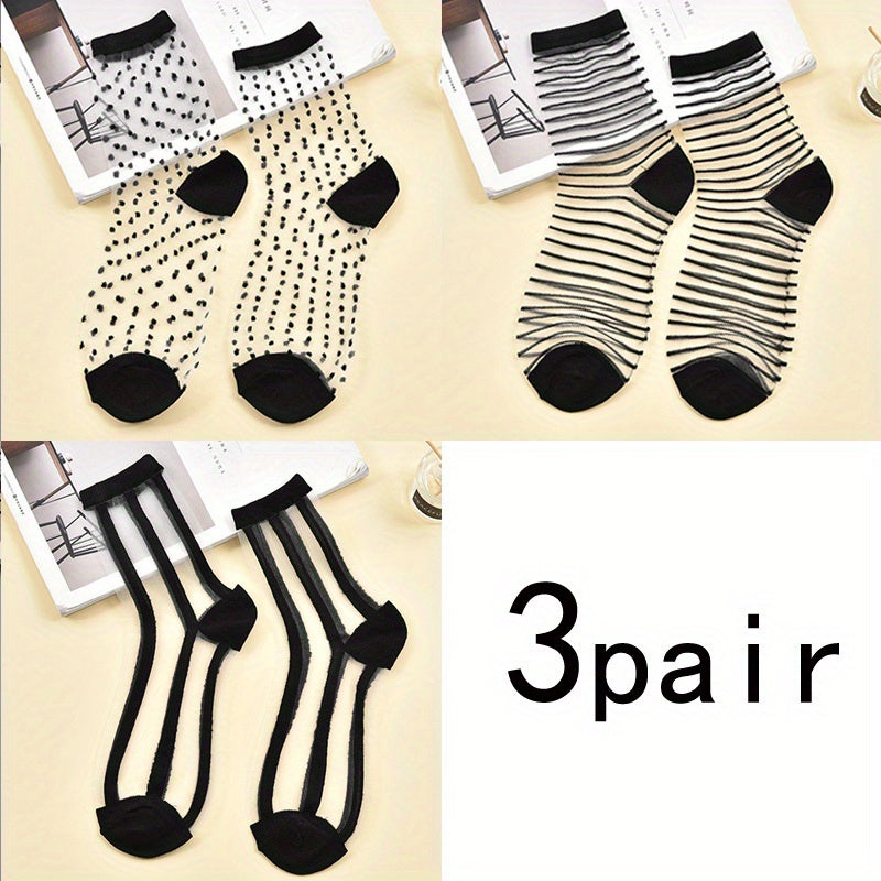 3 Pairs Polka Dot & Striped Sheer Mesh Mid Tube Socks Women's Stockings